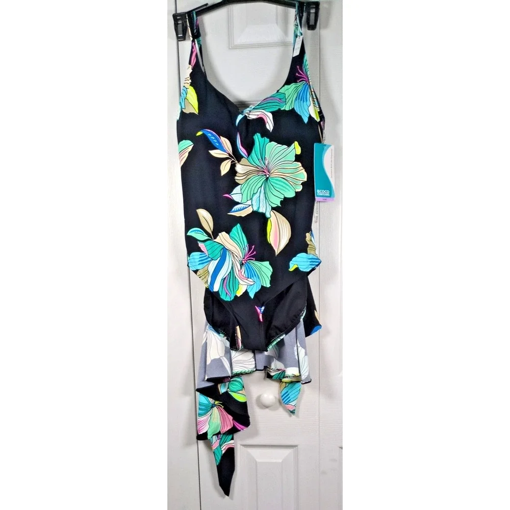 Coco Contours Swimwear 14 38C Black Floral One Piece Swimdress Shapewear NWT